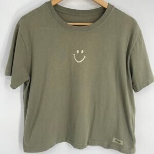 Life Is Good Top Women’s Medium Green Smiley Face Cropped Whimsical Simple Fun